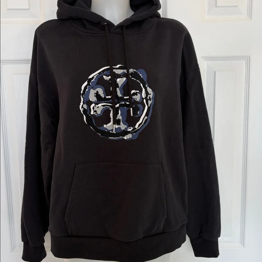 TORY BURCH FRENCH TERRY BLACK LONG SLEEVE LOGO HOODIE PULLOVER SWEATSHIRT XL